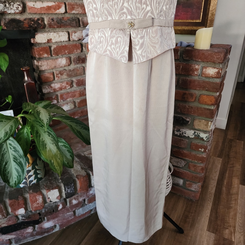 Vintage Aspeed Brocade Halter Maxi Dress Beige & Gold Evening Gown with Rhines - Picture 4 of 14